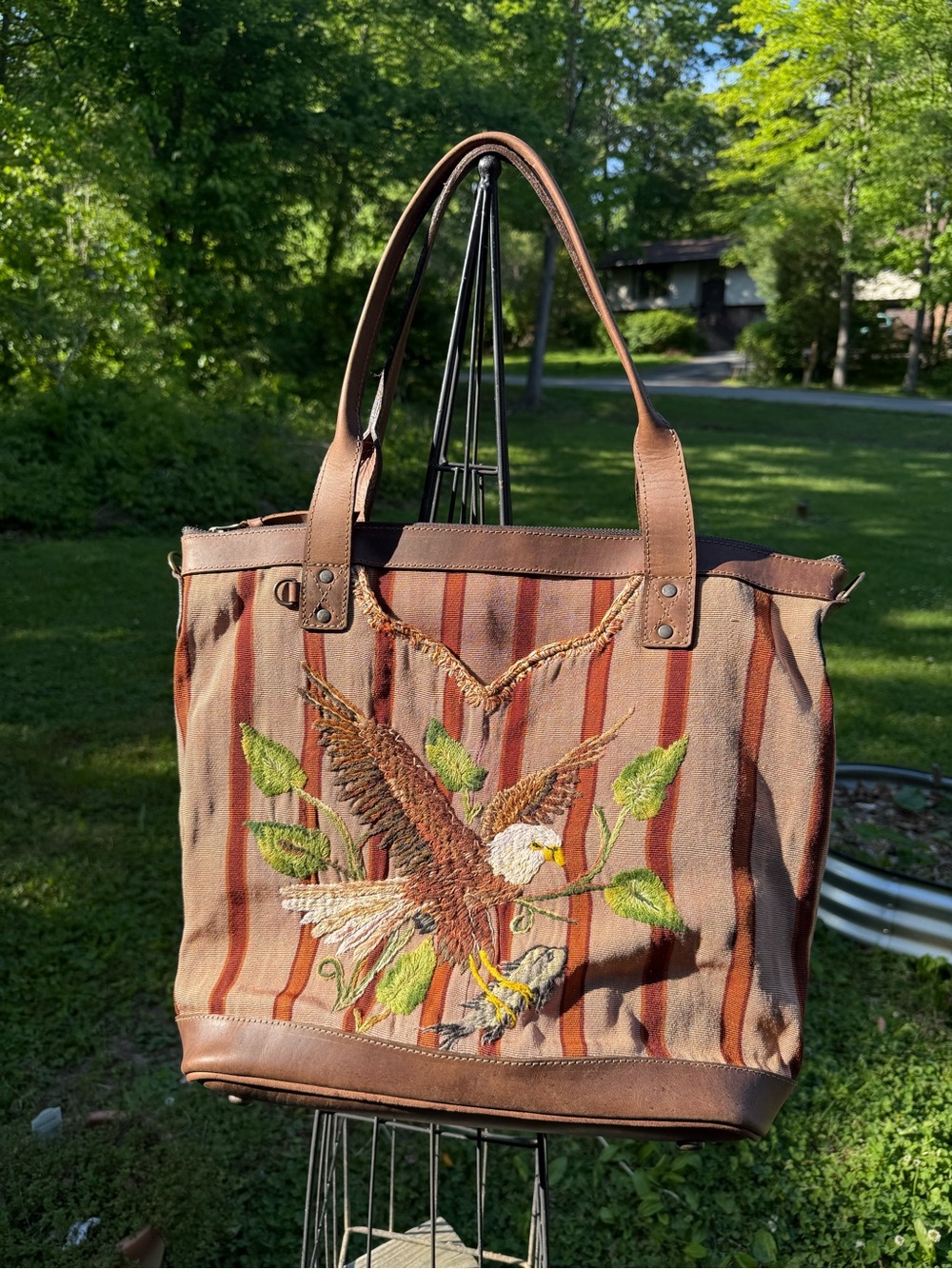 Brown hand Embroidered Eagle Stripe Tote Bag